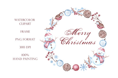 Snowman watercolor clipart, frame, wreath. Christmas, New Year, winter