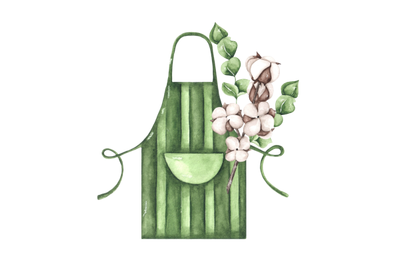 Green apron watercolor illustration. Baking logo. Cookbook, kitchen