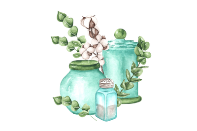 Kitchen watercolor illustration. Jars for spices, salt. Cookbook