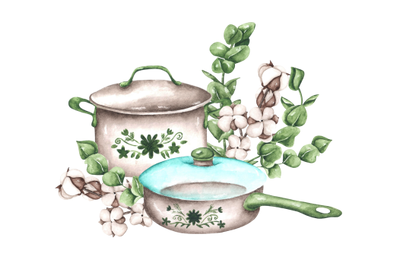 Kitchen utensils watercolor illustration. Casserole, frying pan. Cook