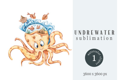 Watercolor cute octopus sublimation / clipart- 1 png file