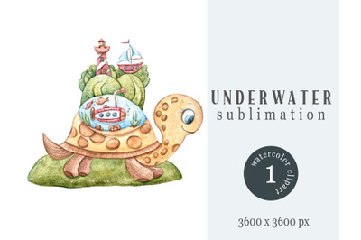 Watercolor cute turtle sublimation / clipart- 1 png file