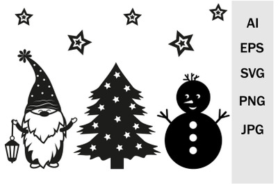 Gnome, Christmas tree and snowman, svg