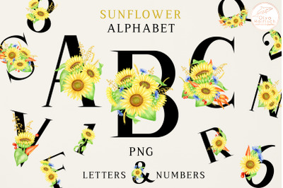 Watercolor Sunflower Alphabet Clipart. Floral Letters and Numbers PNG