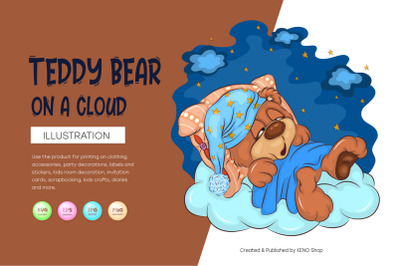 Cartoon Teddy Bear on a cloud. T-Shirt&2C; PNG&2C; SVG.