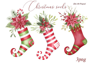 Christmas socks Clipart,festive holly,poinsettia,ornaments