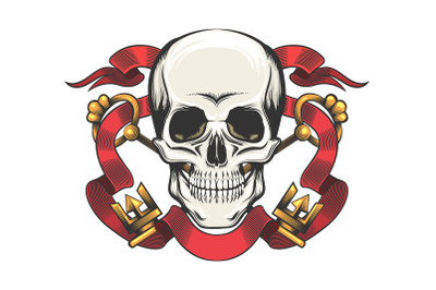 Skull with Golden Keys and Red Ribbon Tattoo