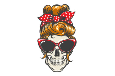 Pinup Hairstyle Skull with Sunglasses and Bandana Tattoo