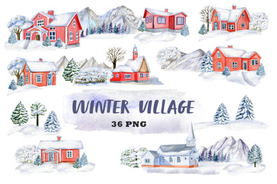 Watercolor winter village clipart. Scandinavian houses. Christmas PNG