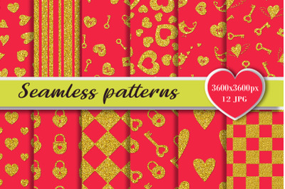 Shiny seamless patterns on a red background. Digital paper