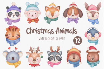 Watercolor Animal Faces, Christmas Clipart
