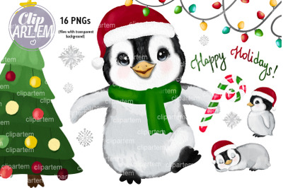 Sweet Christmas Penguins  16 Watercolor PNG clip arts, New Year Bundle