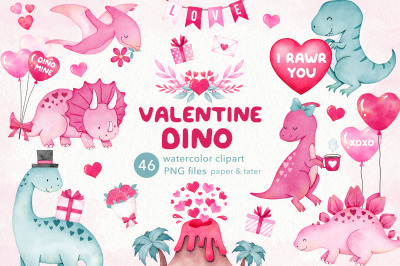 Valentines Dinosaurs Watercolor Clipart, Love Dino PNG