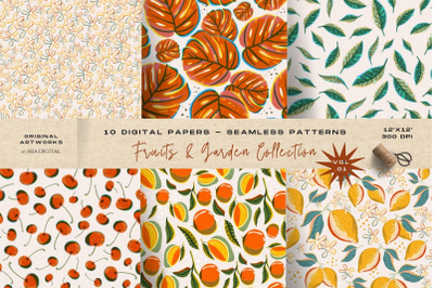 Fruits &amp; Garden Leaves Digital Papers Collection, Retro Textured