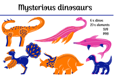 Cute mysterious dinosaurs with smile, SVG, PNG