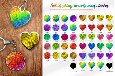 Set of shiny hearts and circles. Keychain, earrings, jewelry