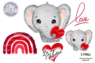 Gender Neutral Boy Girl Elephant Love Valentine 5 PNG Clip Art Set