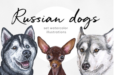 Russian dogs. Watercolor set 8 dogs breeds illustrations