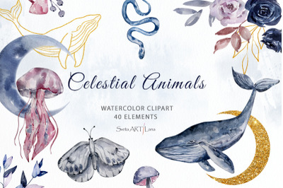 Watercolor Celestial animals clipart