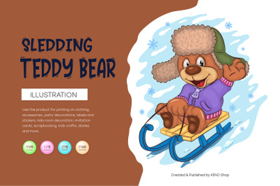 Cartoon Teddy Bear Sledding. T-Shirt, PNG, SVG.