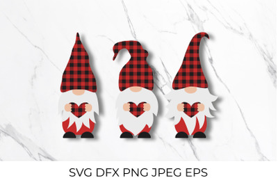 Cute cartoon gnomes holding heart. Red buffalo plaid