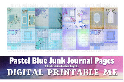 Pastel Blue Junk Journal Pages, Blank Scrapbook Kit, Vintage Light Ant