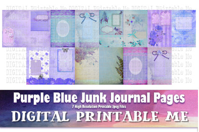 Purple Blue Junk Journal Pages, Blank Scrapbook Kit, Vintage Light Ant