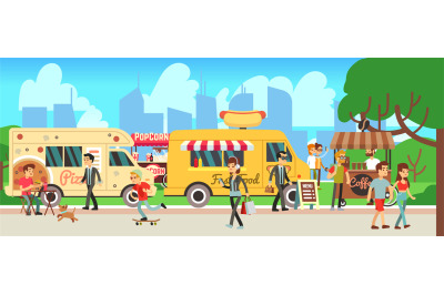 Street food market. People walking city park, cartoon fast food trucks