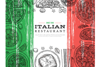 Italian food banner. Restaurant menu&2C; vegetables and spaghetti sketch.