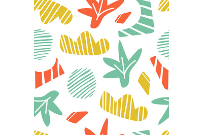 Doodle seamless pattern. Clouds&2C; plants and stripe shapes background.