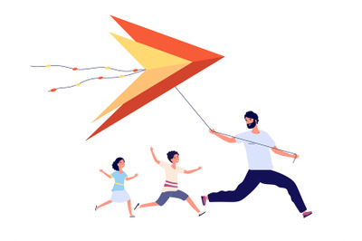 Father flying kite. Family celebration, parents with happy kids. Dad s