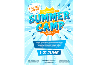 Summer camp poster. Child journey, camping comic style flyer. School k