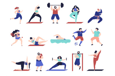 People doing sport. Workout characters, active male female sport exerc