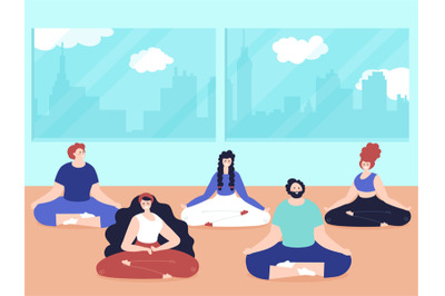 Meditation people. Relaxation room, breathing yoga exercises class. Fl