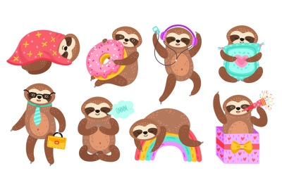 Sloth characters. Isolated sloths, lazy funny cartoon animal reading.