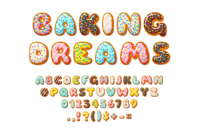 Donut font. Sweets letters, bakery text numbers alphabet. Cake and coo