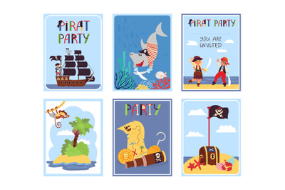 Pirates kids cards. Birthday invitation template&2C; colorful creative ba