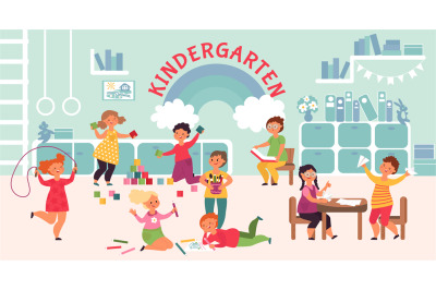 Fun kindergarten characters. Kids imagination development, children ro