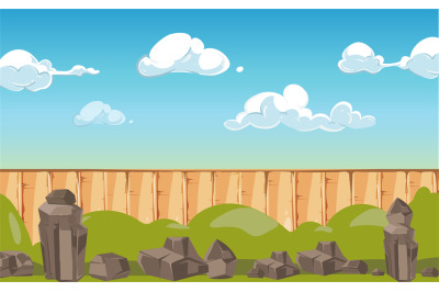 Cartoon landscape banner. Country or village background&2C; stones wooden