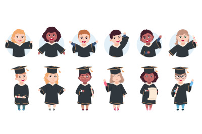 Happy graduation characters. Preschool graduates, cute cartoon little