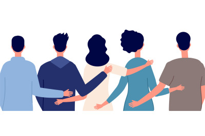 Teamwork help. Diverse people community, friends hugging hand together