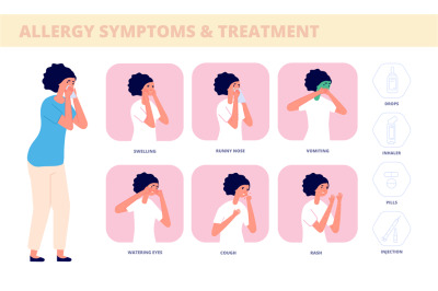 Allergy symptoms. Allergic cough&2C; sick woman treatment. Seasonal healt