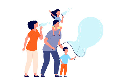 Family and bubbles. Soap bubble blowing, happy parents and child outdo