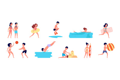 Swimming kids. Cartoon summer children, boy girl playing on beach or p