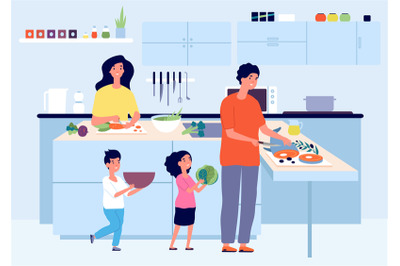 Happy family cooking. Cook on kitchen, kid mom dad eat and food prepar