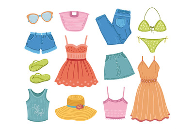 Fashion summer clothes. Clothing clipart, flat dress swimsuit textile.