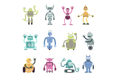 Cartoon robots characters. Mechanical robot, retro toy monsters. Cute