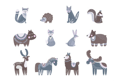 Scandinavian characters. Kids animals&2C; nordic wolf bear deer. Cute orn