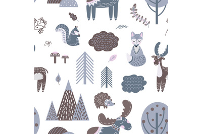 Cute scandinavian pattern. Wood animals, woodland stylish background.