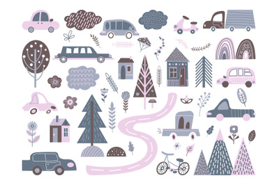 Scandinavian city elements. Abstract transportation&2C; cute cars bicycle